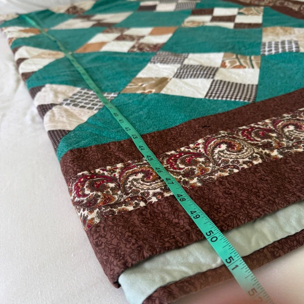 Handmade Patchwork Quilt Teal Brown Paisley Reversible Queen King 78x102